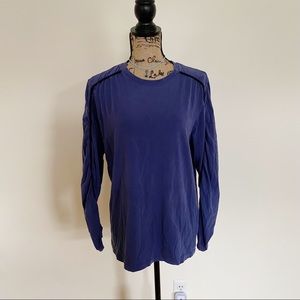 Theory Cotton Navy Long Sleeve Comfy Tee Shirt with Rouched Gathered Sleeves
